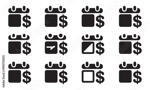 Calendar with dollar sign icons set. financial planning, payment, budget and money schedule symbols