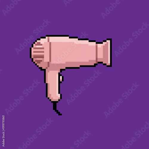 pixel art pink hair dryer blow dryer icon for beauty salon service on purple background.