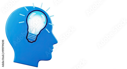Blue Head Silhouette with Glowing Light Bulb Inside, Symbolizing Idea