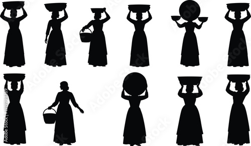 African women carrying water pots silhouettes set, traditional village female figures black vector illustration isolated on white