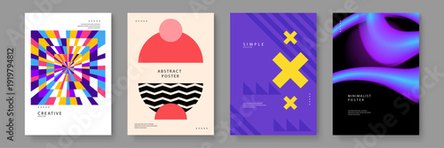 Collection of four unique abstract posters featuring geometric patterns vibrant colors and minimalist typography for contemporary wall art decor