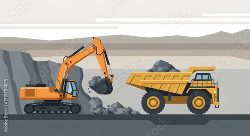 Heavy machinery in action at industrial mining site with excavator and dump truck
