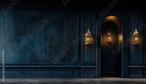 Ornate antique lanterns illuminate a richly textured, deep blue paneled interior space