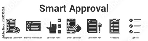 Smart Approval web banner icon set vector illustration concept for business with icon of Approved Document, Browser Verification, Selection Hand, Smart Selection, Document P.