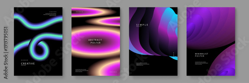 Collection of four abstract posters featuring colorful liquid fluid shapes and neon gradients on dark background for modern branding