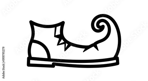 A black and white drawing of a sneaker with a curled toe