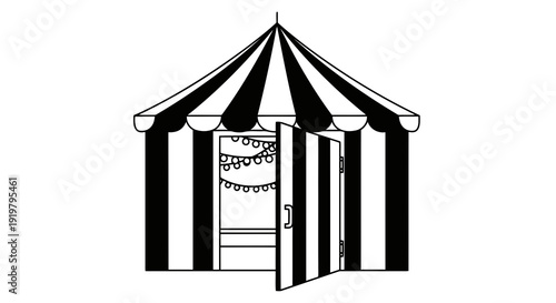 A black and white drawing of a circus tent with an open door