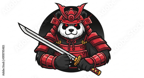 Panda warrior in red samurai armor holding a sword cartoon illustration white background detailed costume fierce expression