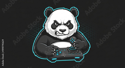 Angry cartoon panda bear dj operating electronic music mixer controller with neon blue outline against dark background