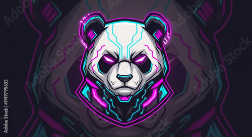Cyberpunk panda illustration with neon lights and futuristic design elements in dark background