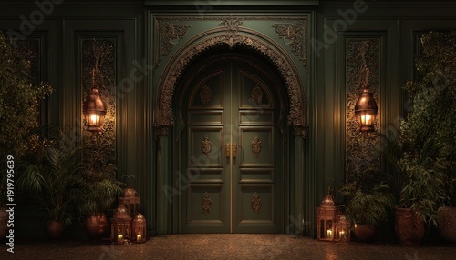 Ornate dark green paneled doorway features hanging bronze lanterns and potted foliage lighting the entrance.
