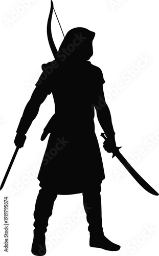 Black Silhouette of a Medieval Archer Warrior Holding a Sword and Bow Wearing a Hooded Cloak Isolated on White Background for Gaming Assets