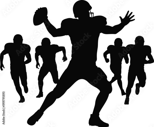 Black Silhouette of American Football Players with Quarterback Throwing Ball and Teammates Running on White Background for Sports Competition and Teamwork Concept Art