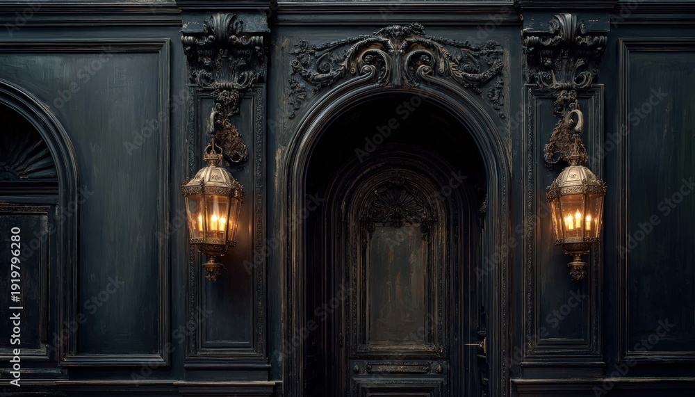 Naklejka premium Ornate architectural paneling features antique sconce lighting flanking a dark arched doorway.