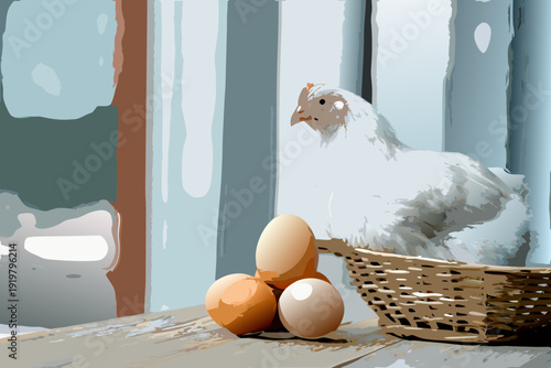 A white hen rests near a basket filled with fresh brown eggs