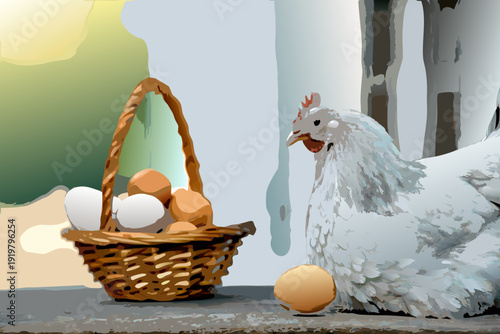 A white hen stands near a basket filled with brown and white eggs