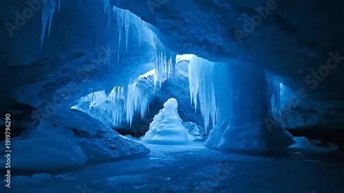Ice Cave with Icicles and Frozen Water.