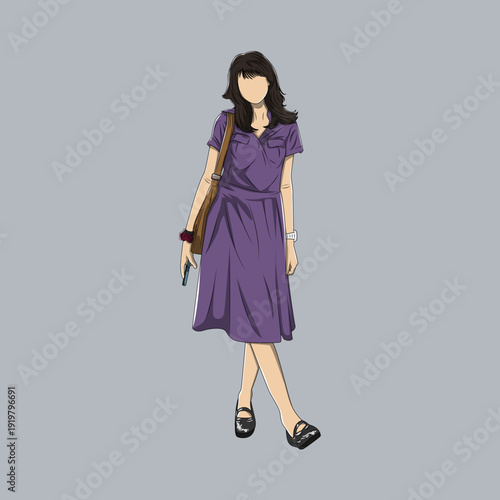 Full-body illustration of a woman with dark hair wearing a purple dress, carrying a brown shoulder bag, and holding a phone against a grey background.