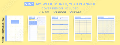Yellow Blue Planner Template Set with Cover, Daily Weekly Monthly Yearly Pages, To Do List, Weekly Schedule, Goal Tracker, A4 Printable Editable Vector Layout,
