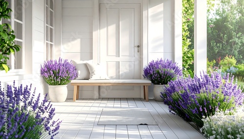 Serene modern minimalist spring porch beautifully adorned with vibrant potted lavender plants and a comfortable light wood bench, bathed in bright sunlight