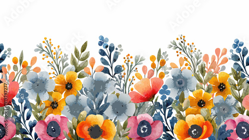 Watercolor floral border featuring vibrant blooms and lush foliage