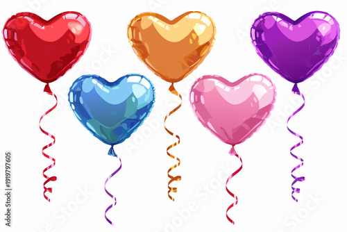 A row of colorful heart shaped balloons against a white background