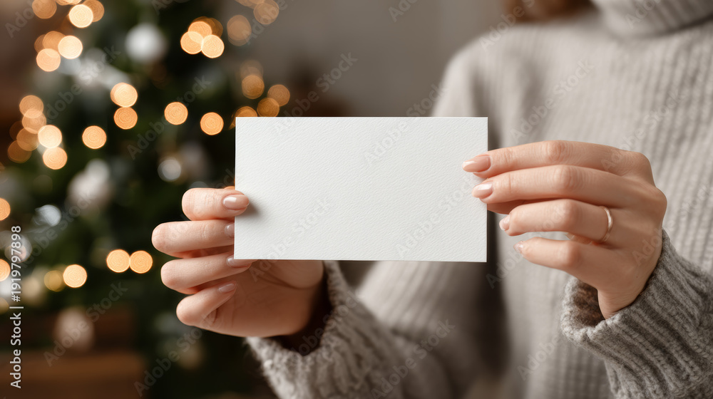 Obraz premium Woman's hands holding an empty white greeting card with a textured matte finish, in front of a softly lit christmas tree with warm glowing lights