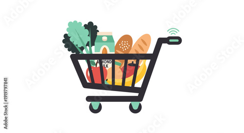 Shopping Cart Full of Groceries with Wi-Fi Symbol.