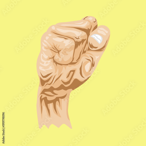 A detailed vector illustration of a human hand clenched into a fist, showing skin texture and knuckles, set against a plain yellow background.