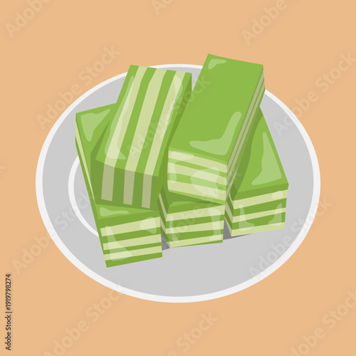 Tableau sur toile Illustration of green and white layered cakes stacked on a grey plate, a traditional Asian dessert