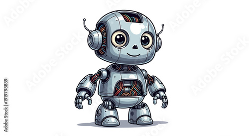 Cute robot with exposed colorful wires and circuitry smiling