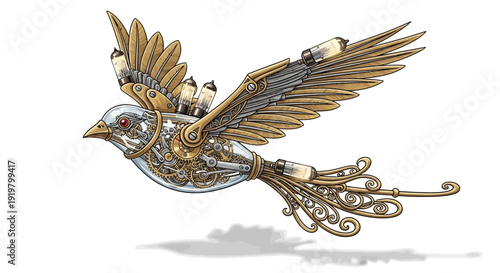 Steampunk bird in flight with intricate mechanical details and golden accents