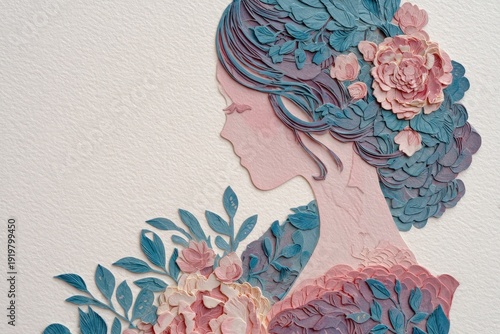 Detailed papercraft profile portrait depicts a woman adorned with elaborate floral arrangements