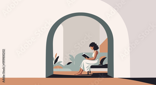 Woman engrossed in reading a book, sitting comfortably in a serene setting.