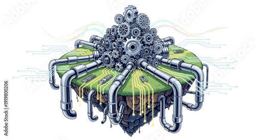 Mechanical gears extracting resources from earth digitally illustrated