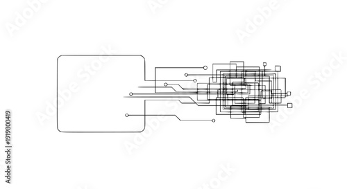 Abstract representation of digital information flow connecting a structured input point to a complex, interconnected network of electronic circuit lines and square nodes.