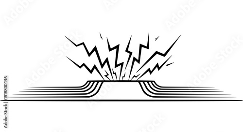 Stylized black and white icon illustrating powerful electrical energy discharge sparking intensely from a central source connected to flowing horizontal transmission lines graphic.