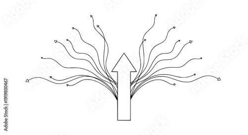 Simple black and white vector graphic illustrating multiple diverging pathways originating from a central, strong upward-pointing arrow representing growth and direction.