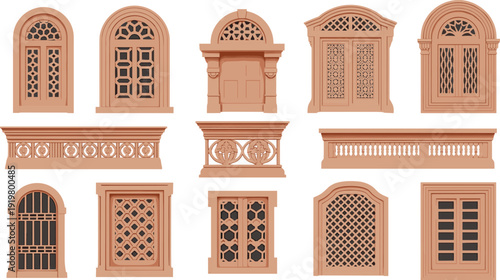 Collection of Traditional Indian Rajasthani Sandstone Window Frames and Balcony Balustrade Vectors with Intricate Jali Carvings and Ornate Arches Isolated on a White Background