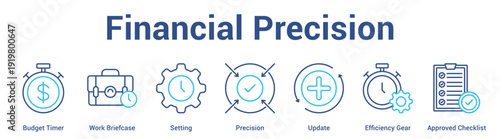 Financial Precision web banner icon set vector illustration concept for business with icon of Budget Timer, Work Briefcase, Setting, Precision, Update, Efficiency Ge.