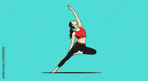 Woman performing graceful yoga pose with dynamic movement.