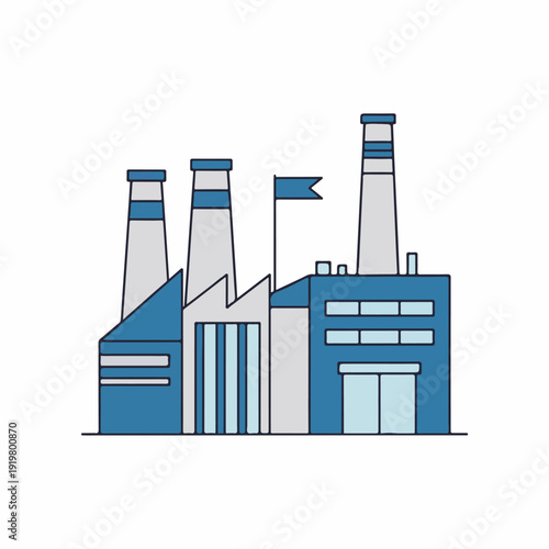 A blue and gray industrial factory with smokestacks and a flag on a white background. Perfect for central excise day india, industry, and business presentations