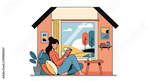 Woman reading a book at home by the window.