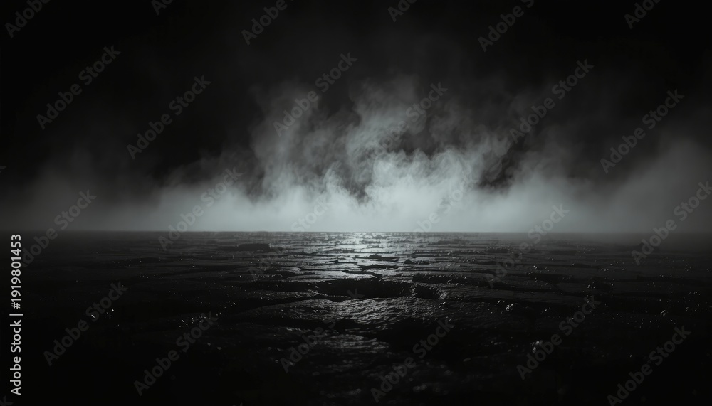 Fototapeta premium Dramatic low-angle view of cracked stone ground obscured by ethereal fog, perfect for atmospheric presentations.