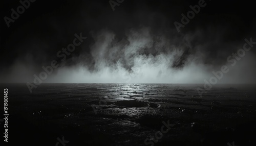 Dramatic low-angle view of cracked stone ground obscured by ethereal fog, perfect for atmospheric presentations.
