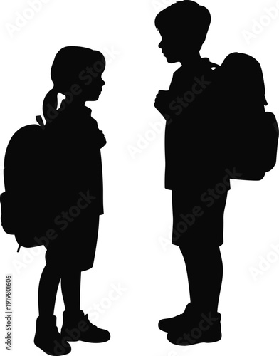 Silhouette, children, school, backpacks, education, friendship, students, learning, childhood, interaction, conversation, study, youth, academic, together