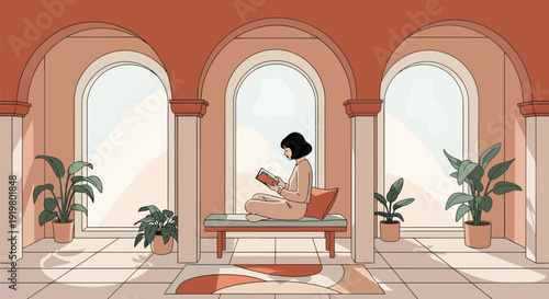 Woman reading a book peacefully indoors.