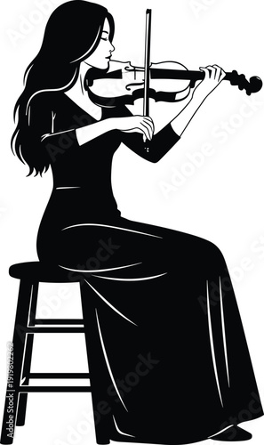 Black and white vector illustration of a beautiful female violinist with long hair sitting on a stool playing the violin for classical music branding