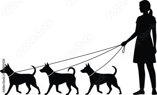 Black vector silhouette of a professional female dog walker walking three small dogs on leashes for pet care services veterinary and animal branding