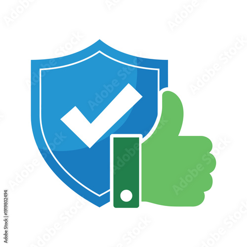 Positive approval shield icon overlaps a green thumbs-up gesture signifying security guarantee.